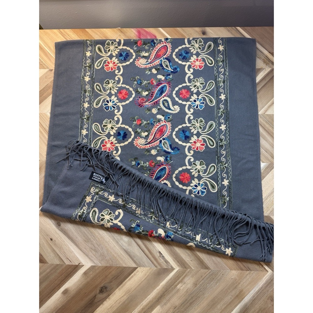 Boetta 100% Cashmere Embroidered Shawl/Wrap Floral/Paisley Grey Boho Luxury
